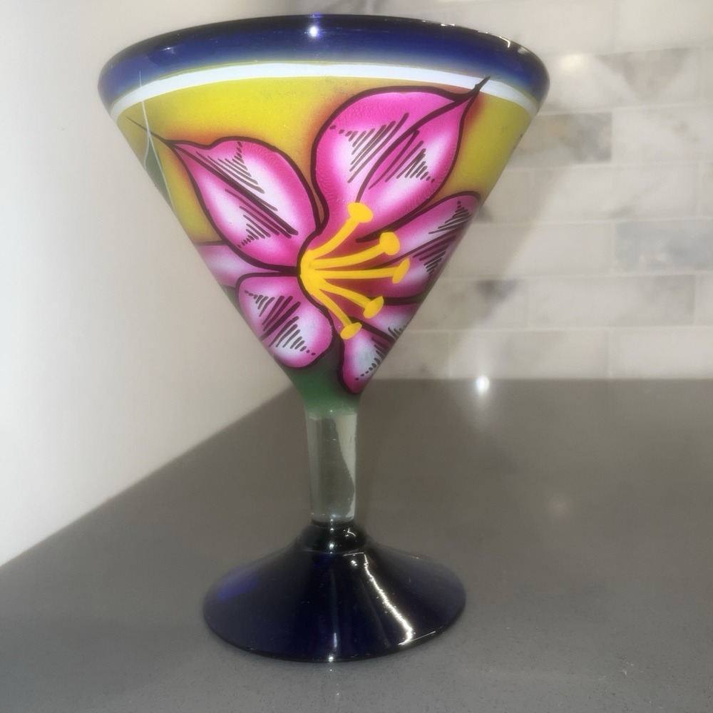NEW-Hand Blown Mexican Painted Margarita Glass Flower Progreso